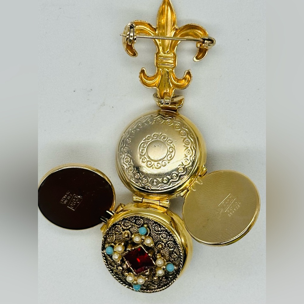 Vintage Coro Pegasus Locket Brooch Pin 4 Way Gold Tone Pin Ruby Turquoise - Picture 5 of 8
